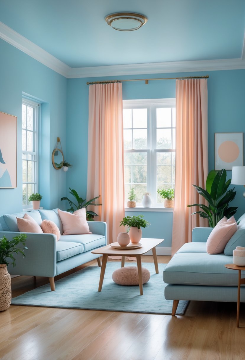 A living room with powder blue walls and soft peach accents including pillows and curtains, featuring a sofa, coffee table, plants, and natural light from large windows.