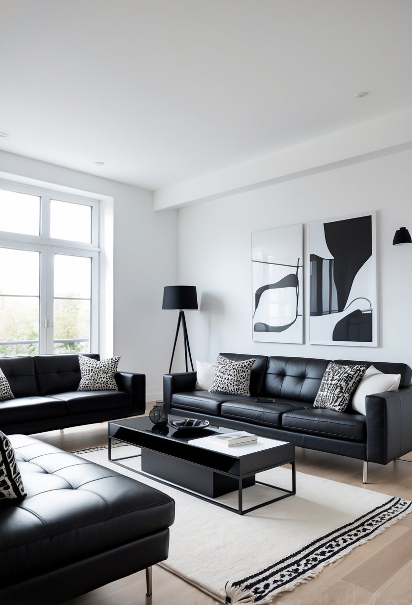 A modern living room with white walls, black furniture, and large windows letting in natural light.