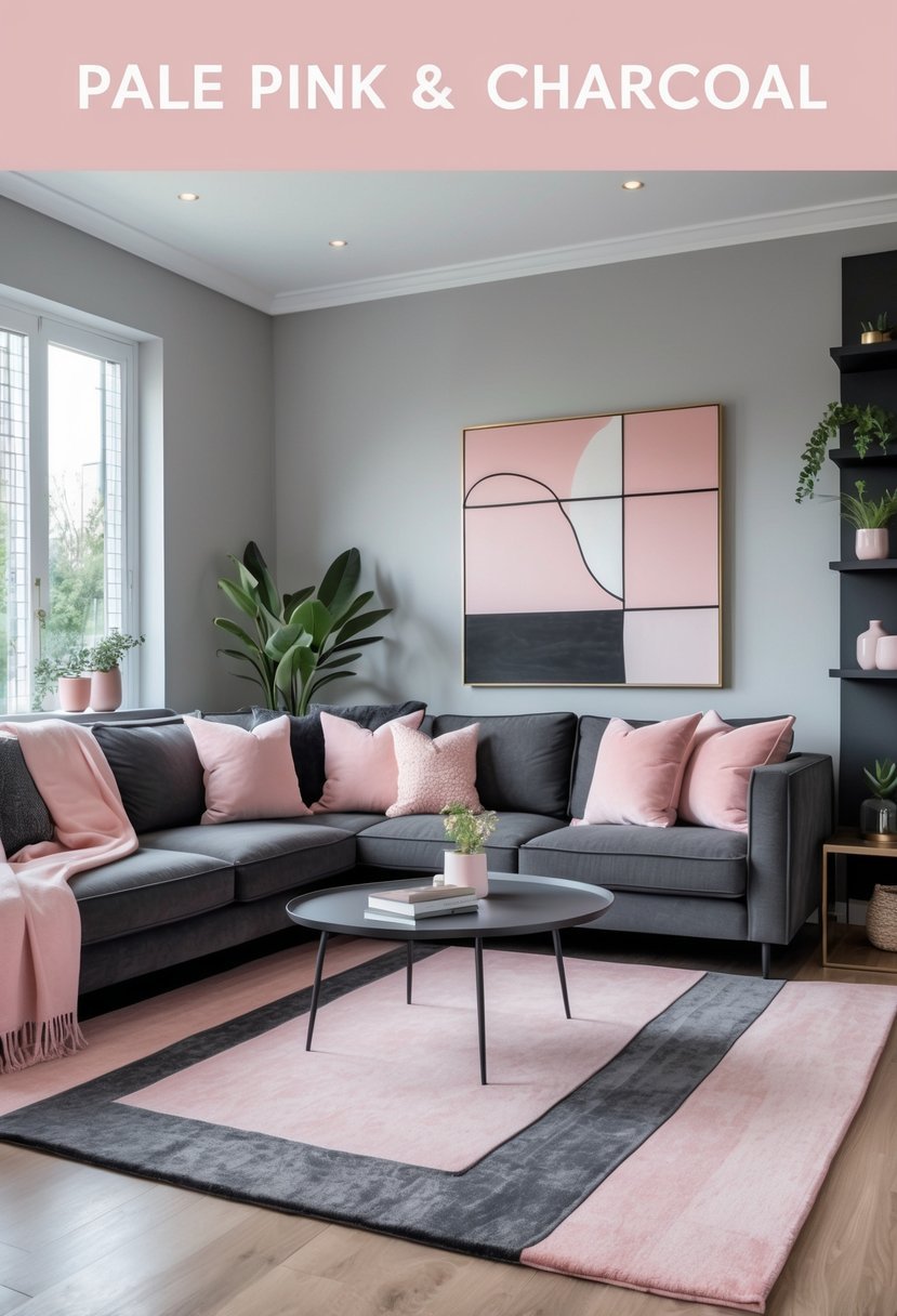 A living room with a charcoal gray sofa, pale pink cushions, light gray walls, a coffee table, and large windows letting in natural light.