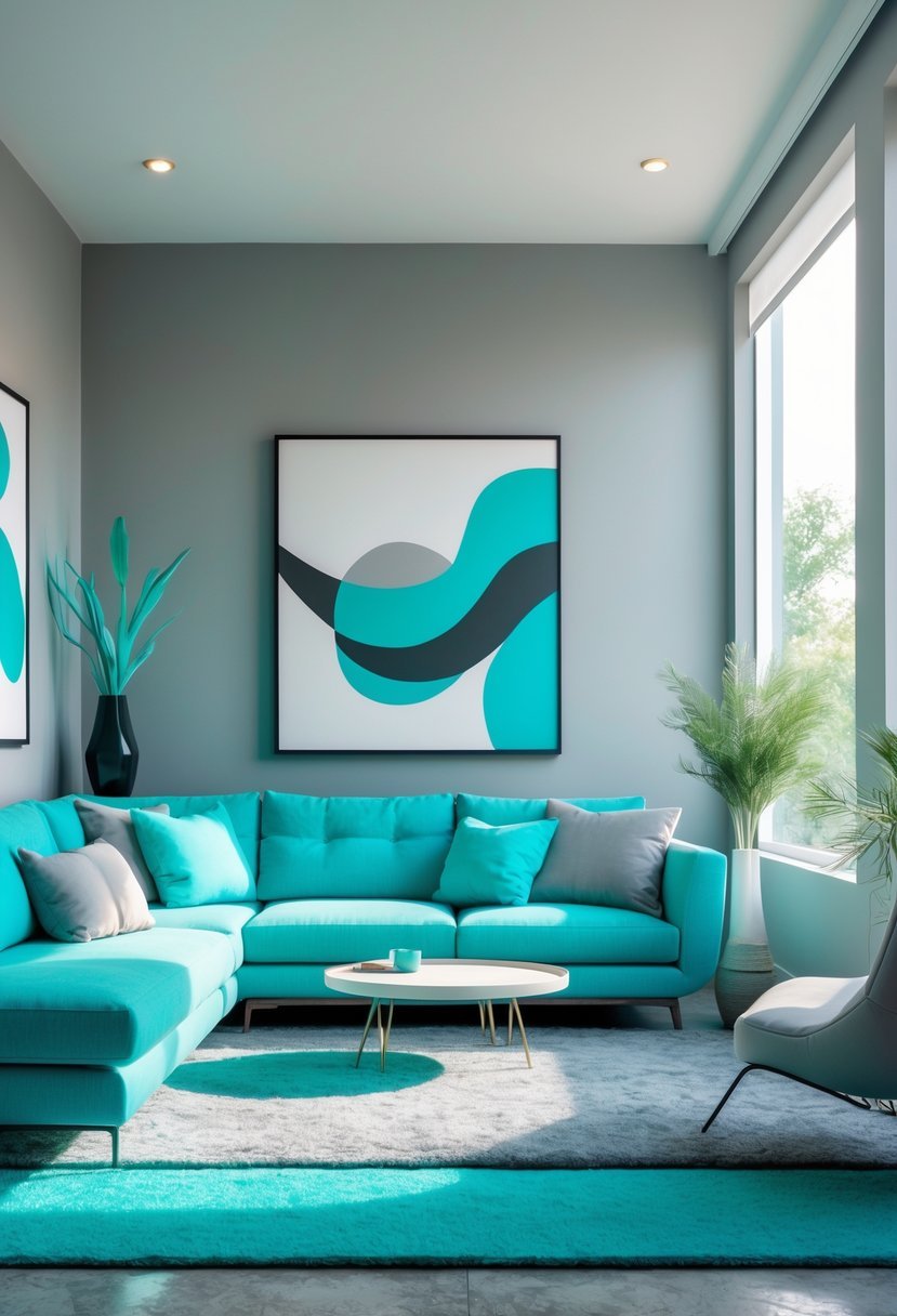 Living room with turquoise sofa, gray walls, and natural light coming through large windows.