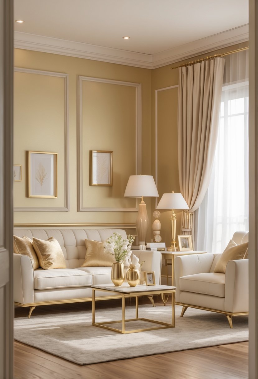 A living room with ivory sofas, soft gold accents, wooden flooring, and natural light coming through sheer curtains.