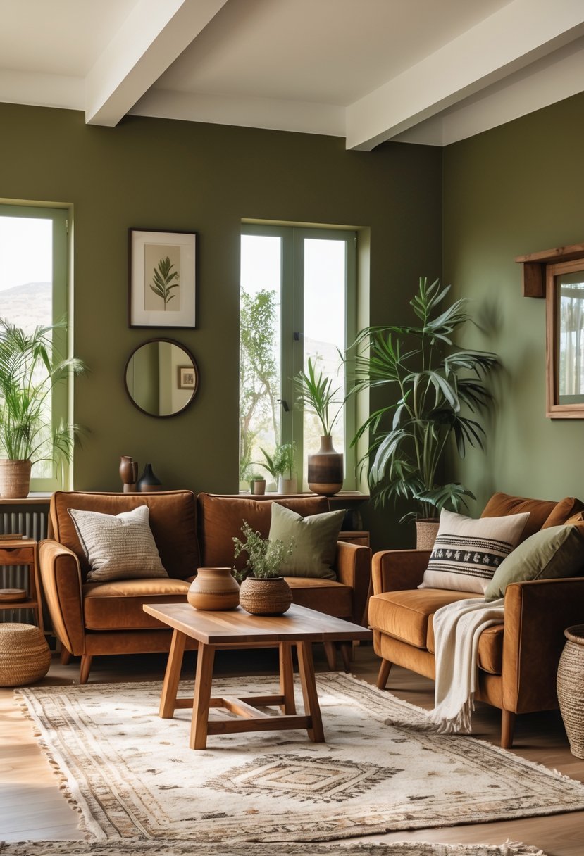 A cozy living room with brown wooden furniture and olive green walls, featuring a sofa, coffee table, and plants.