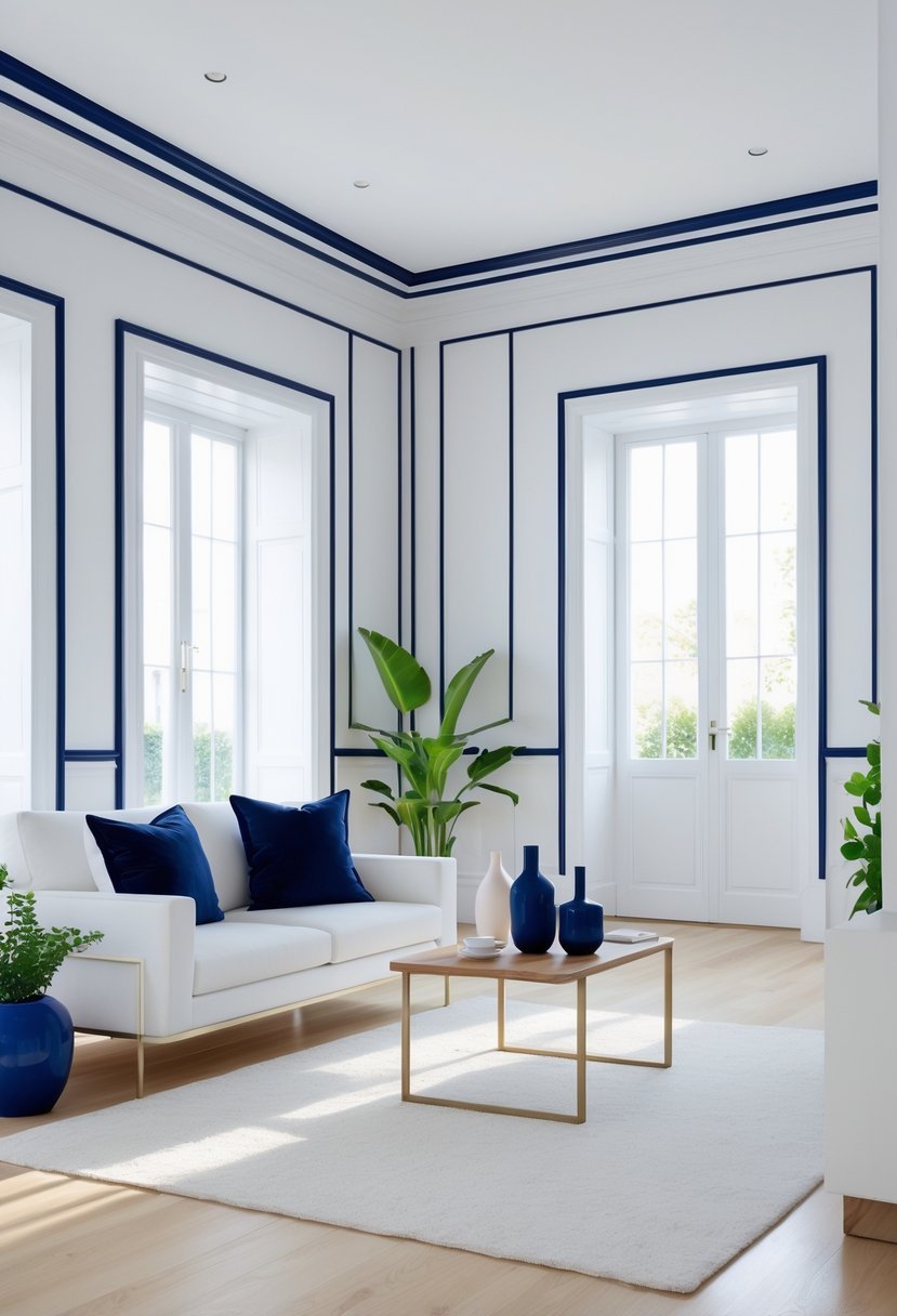 Bright interior room with white walls and navy blue trim, featuring a white sofa, wooden coffee table, and green plants.