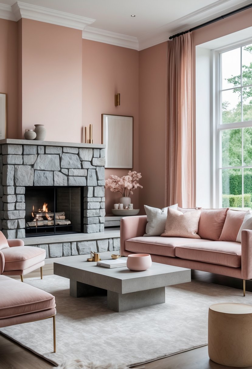 A living room with blush-colored walls and gray stone accents, featuring a blush sofa and a stone fireplace, illuminated by natural light.