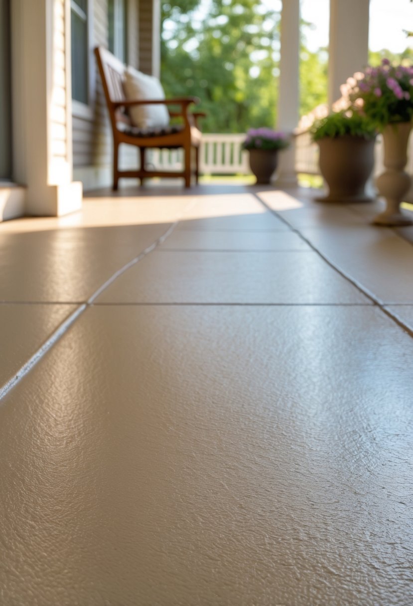 A clean concrete porch floor freshly painted with a warm color, with outdoor furniture and plants in the background.