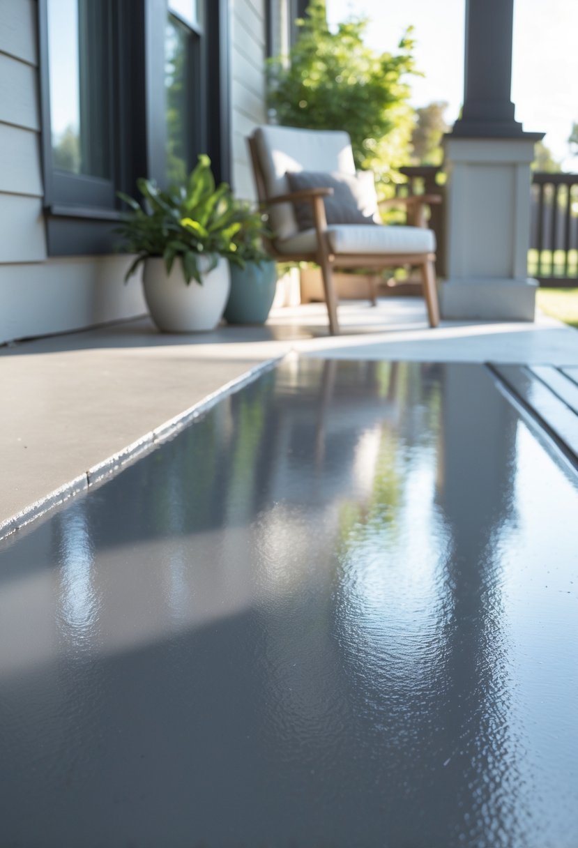 A clean, freshly painted concrete porch with a smooth, dark gray surface and some potted plants nearby.