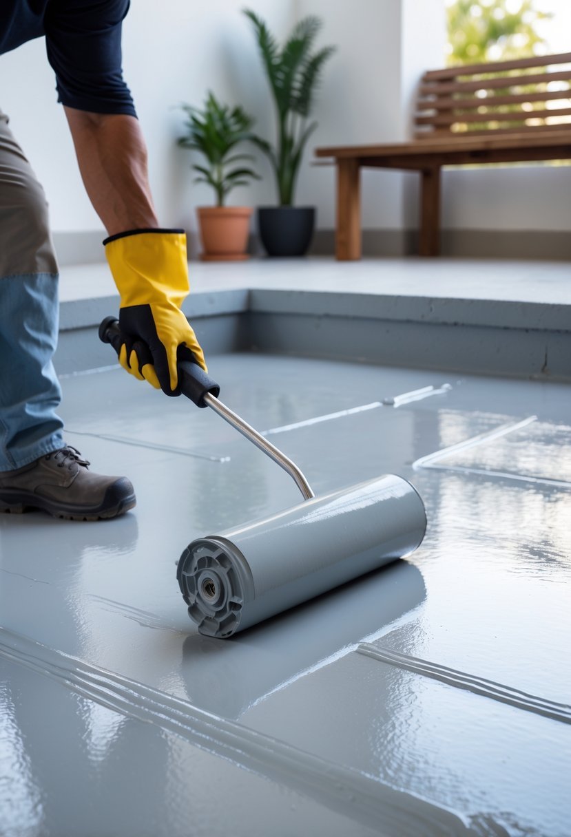 A person painting a concrete porch floor with light gray paint using a roller in a residential outdoor setting.