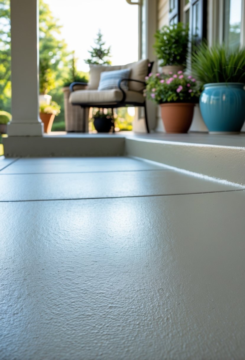 A freshly painted concrete porch with a smooth, textured surface and outdoor plants in the background.