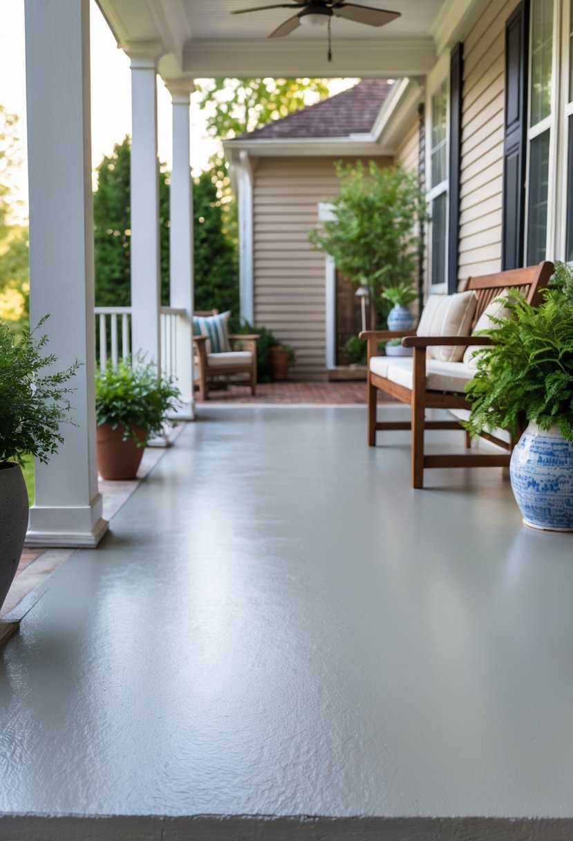 A clean concrete porch floor freshly painted in a neutral color with outdoor furniture and potted plants.