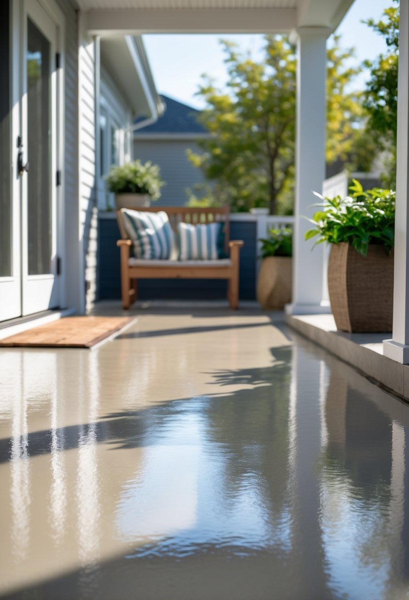 A clean concrete porch with a smooth, glossy surface, outdoor furniture, and potted plants in natural sunlight.