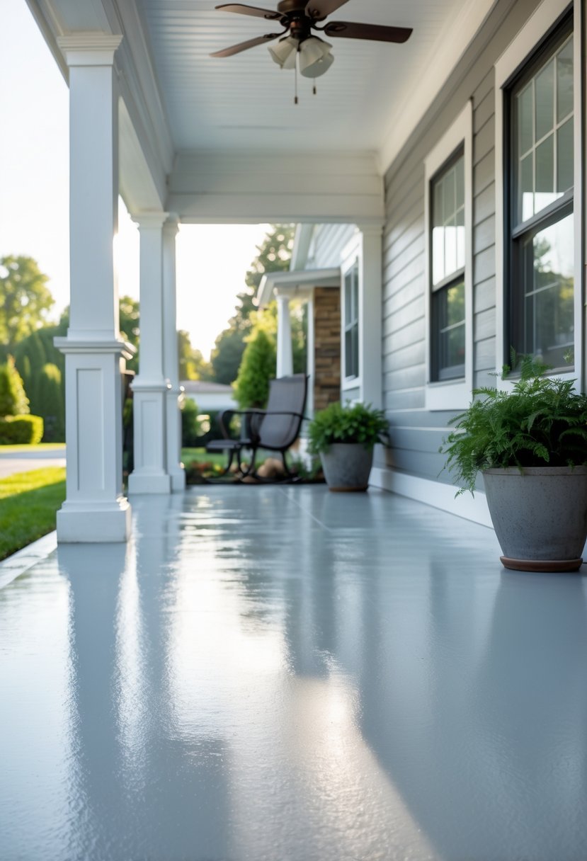 A clean concrete porch with a smooth, freshly painted floor and some potted plants in the background.