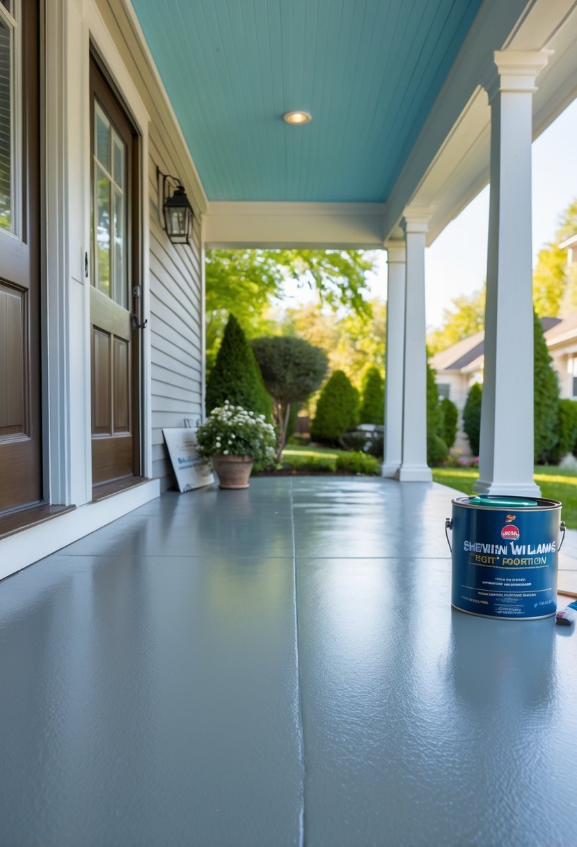 A freshly painted concrete porch with a smooth, colorful surface outside a house, with paint supplies nearby.
