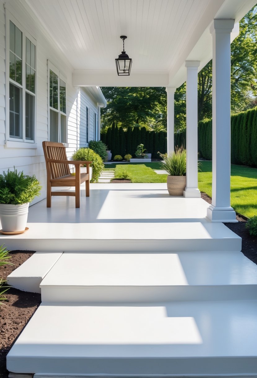 A clean concrete porch with white painted flooring and steps, decorated with potted plants and a wooden bench.