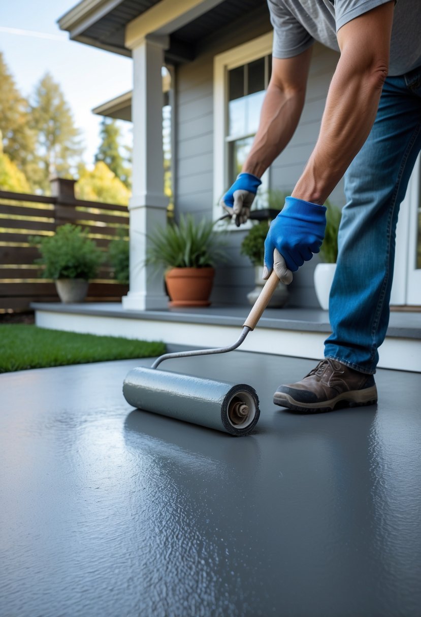 Person painting a concrete porch floor with a roller outside a modern home.