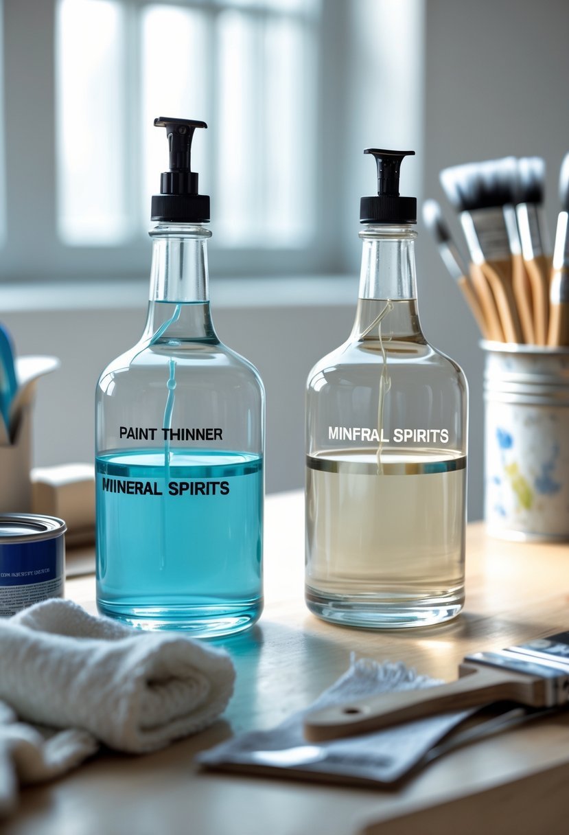Two clear glass containers with liquids and painting tools arranged on a wooden table in a well-lit workspace.