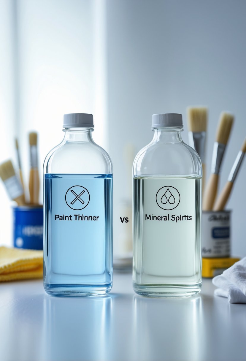 Two glass containers with clear liquids on a white surface surrounded by paintbrushes, paint cans, and a cloth.