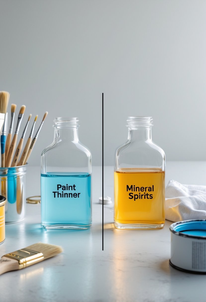 Two clear glass containers with different liquids on a clean workspace surrounded by painting tools.