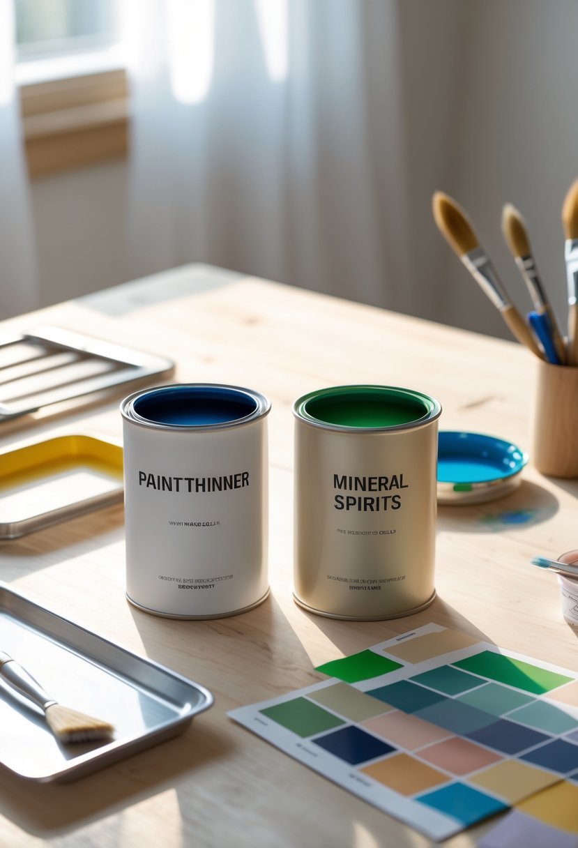 Two open containers with painting tools on a wooden table showing a comparison between paint thinner and mineral spirits.