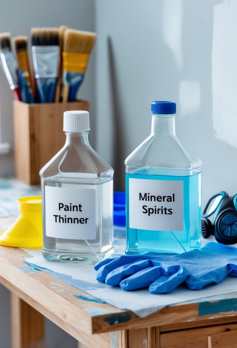 A workspace with two clear containers of liquids, safety gloves, goggles, and a respirator mask arranged on a wooden workbench with paint supplies.