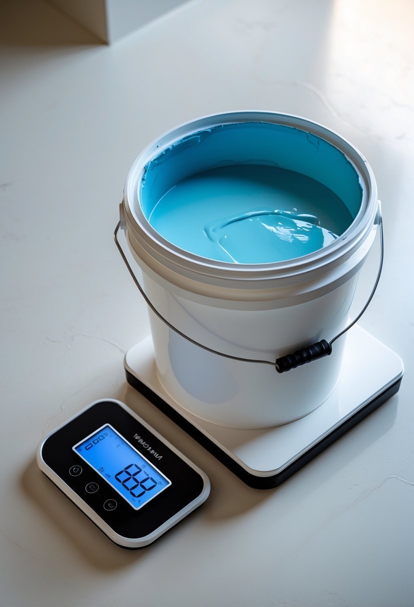 A 5 gallon bucket of paint on a digital scale showing its weight on a light surface.