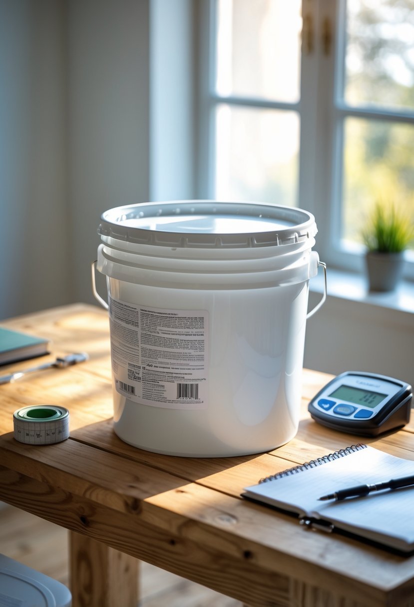 A 5 gallon paint bucket on a wooden table next to a digital scale and measuring tools.