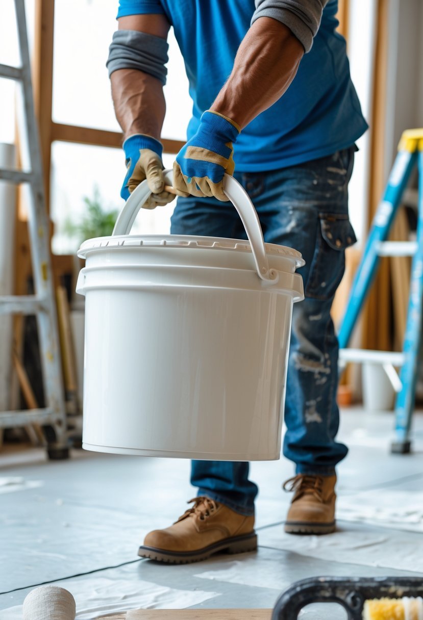 A person wearing gloves lifting and carrying a 5-gallon paint bucket in a workshop with painting tools in the background.