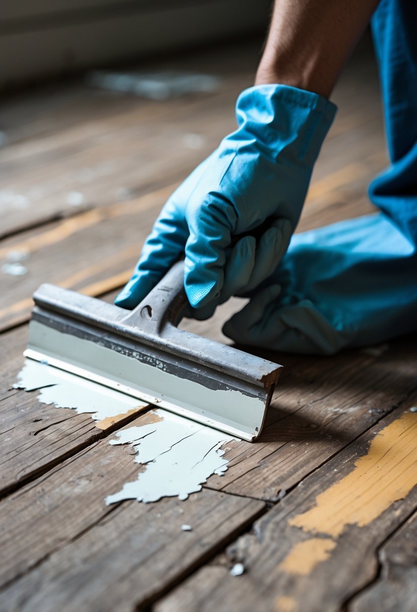 Hands wearing gloves scraping paint off a wooden floor using a paint scraper.