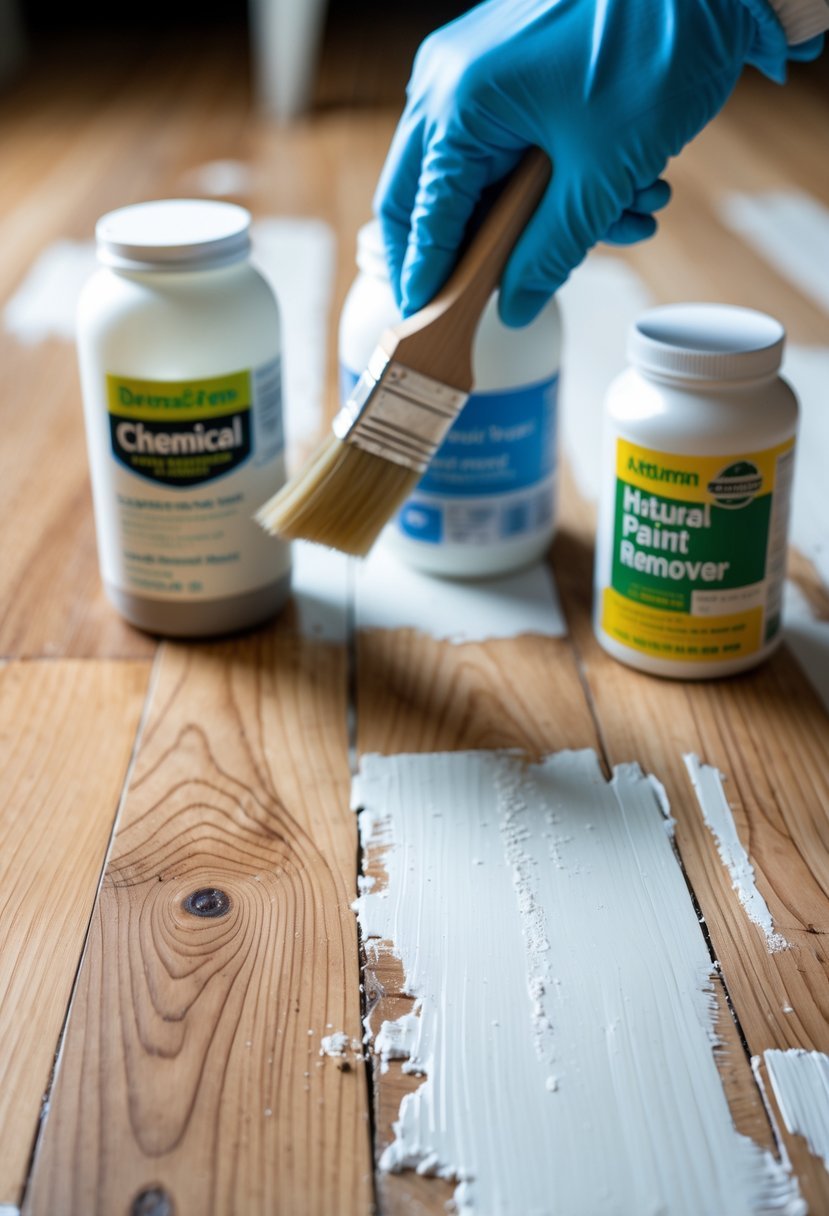 A gloved hand applying paint remover to a wooden floor with partially removed paint patches and containers of paint remover nearby.