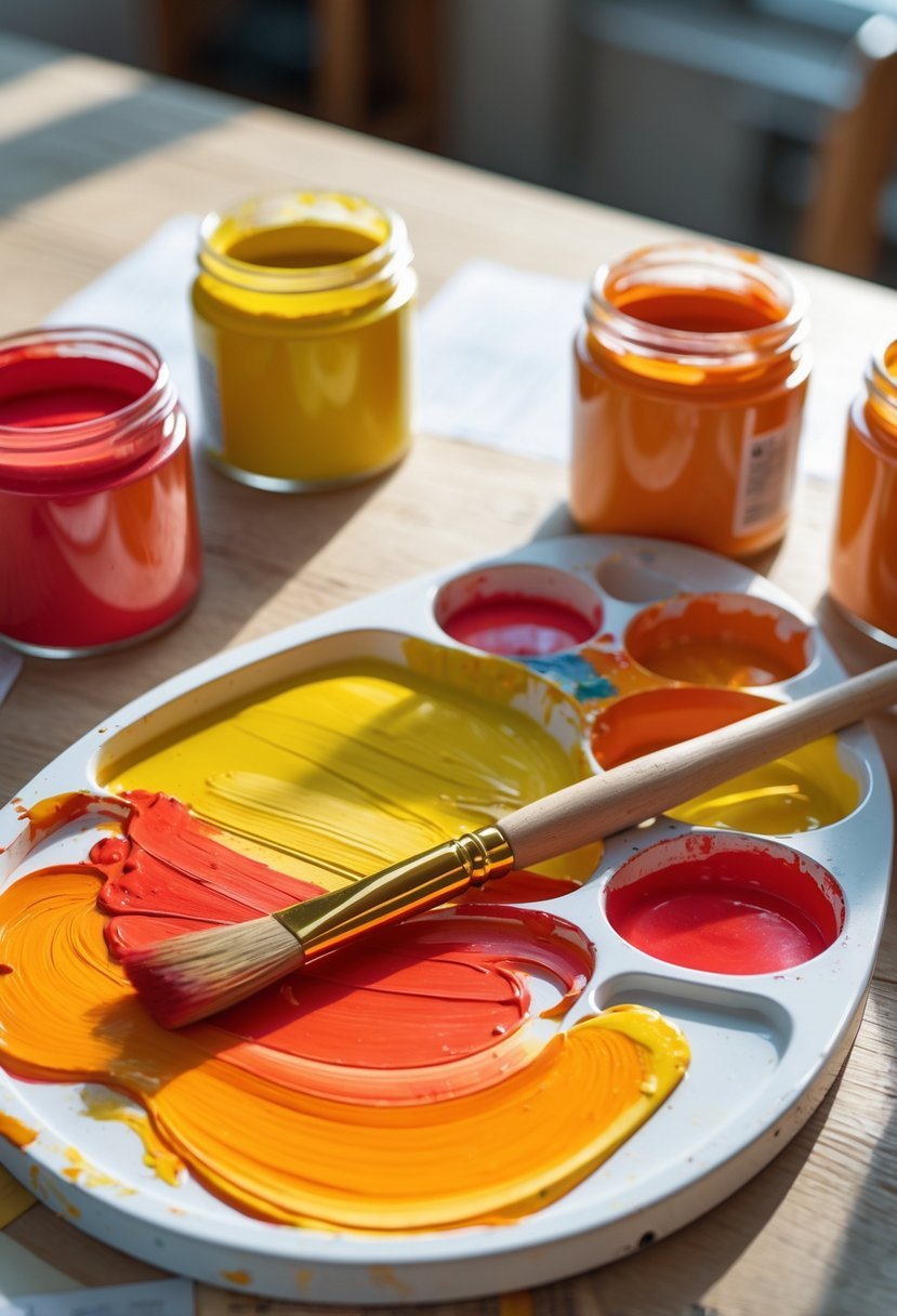 An artist's workspace with red, yellow, and orange paint containers and a palette blending red and yellow paint to make orange.