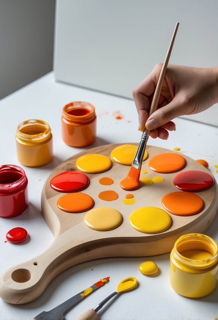 An artist's hand blending red and yellow paint on a palette to create orange shades with paint jars and a blank canvas nearby.