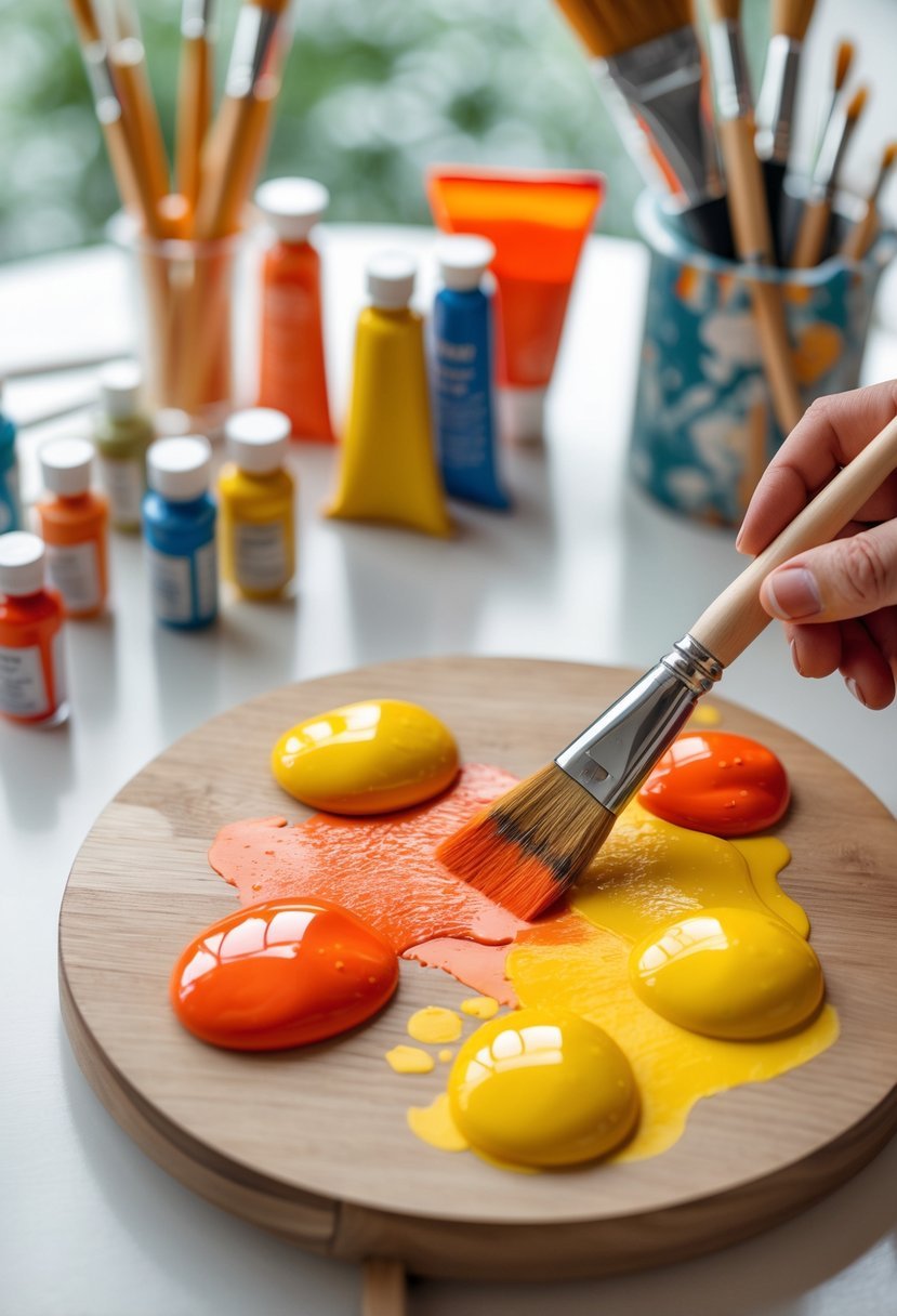 An artist's workspace with a palette showing red and yellow paint being mixed to create orange.