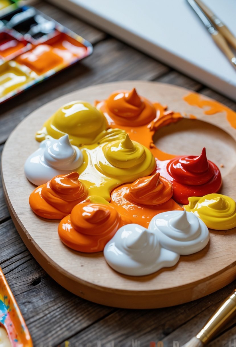 An artist's workspace with a wooden palette holding red, yellow, and white paint being mixed to create orange, along with paintbrushes and a white canvas in the background.