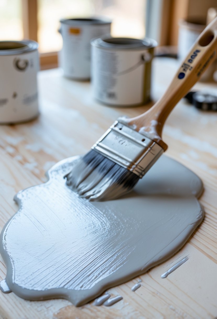 Close-up of a freshly primed wooden surface with a paintbrush and painting tools in the background.