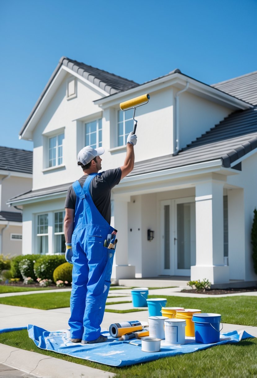 A painter using a roller on an extension pole to paint the exterior wall of a house, with painting supplies nearby and a clear sky in the background.