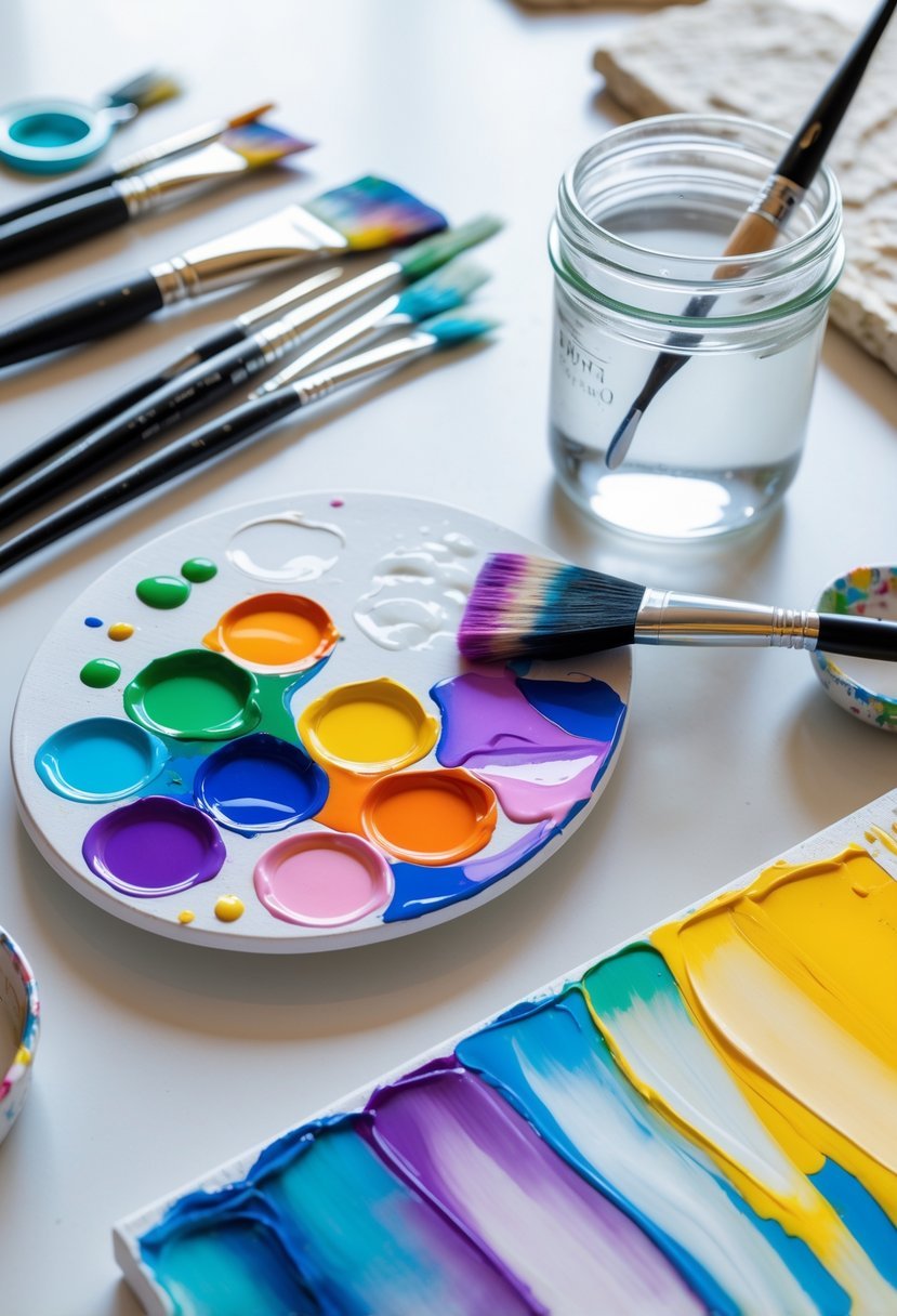An artist's workspace with acrylic paint palette, paintbrushes, water jar, mixing knife, and a canvas showing blended paint strokes.