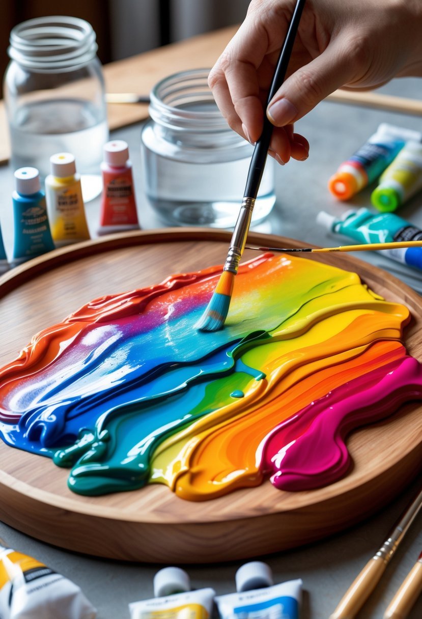 Close-up of a hand blending acrylic paint colors on a wooden palette with paintbrushes and paint tubes nearby.