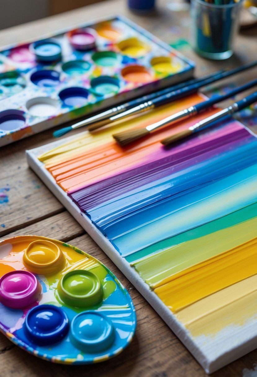 An artist's workspace with a palette of blended acrylic paints, paintbrushes, and a canvas showing smooth color transitions.