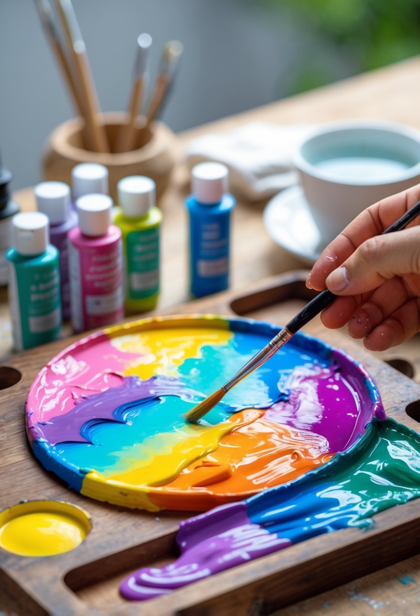 Close-up of a hand blending acrylic paint on a wooden palette with paint tubes and a water cup nearby.