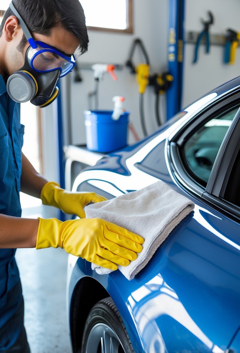 Person wearing protective gloves, goggles, and mask cleaning spray paint off a car in a well-lit garage.