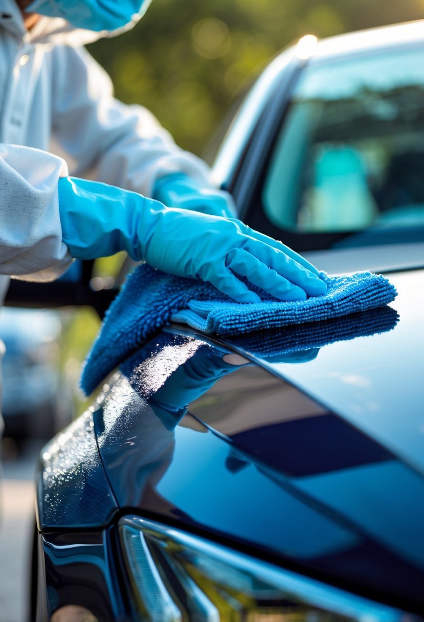 A person wearing gloves cleaning spray paint off a car's surface with a cloth.