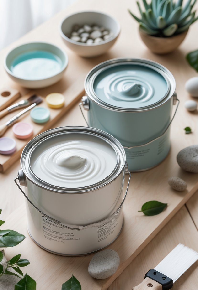 Close-up of two open paint cans on a wooden table with different paint textures, surrounded by natural materials representing interior and exterior paint ingredients.