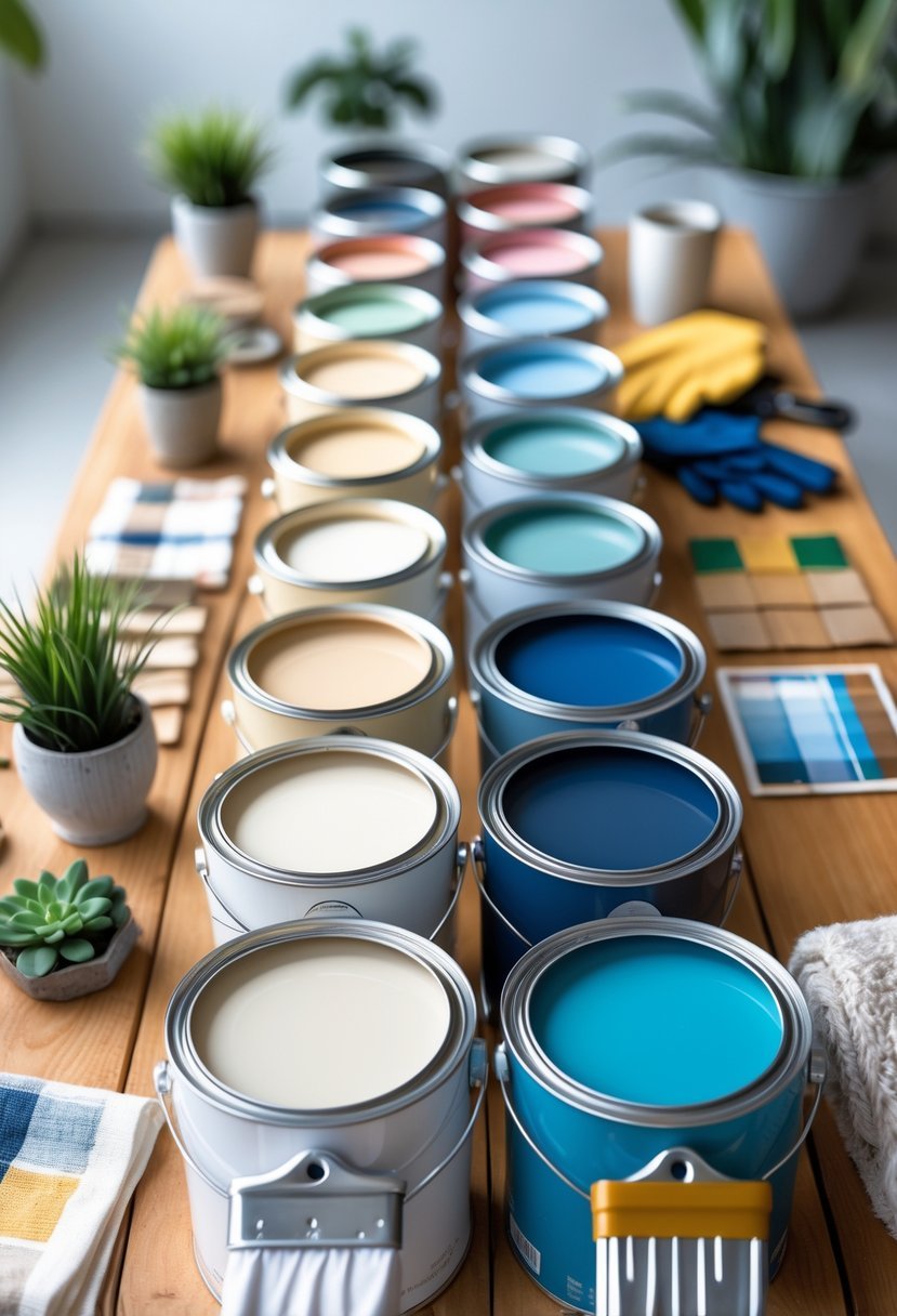 A table displaying various interior and exterior paint cans and brushes with related decorative and outdoor items arranged on each side.