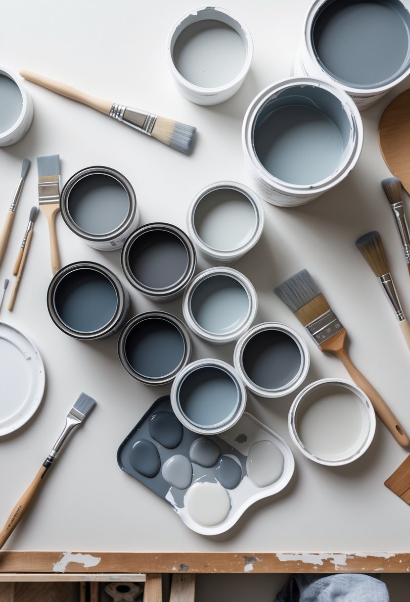 Overhead view of a workspace with containers of gray paint, mixing tools, and blended gray paint samples on a wooden table.