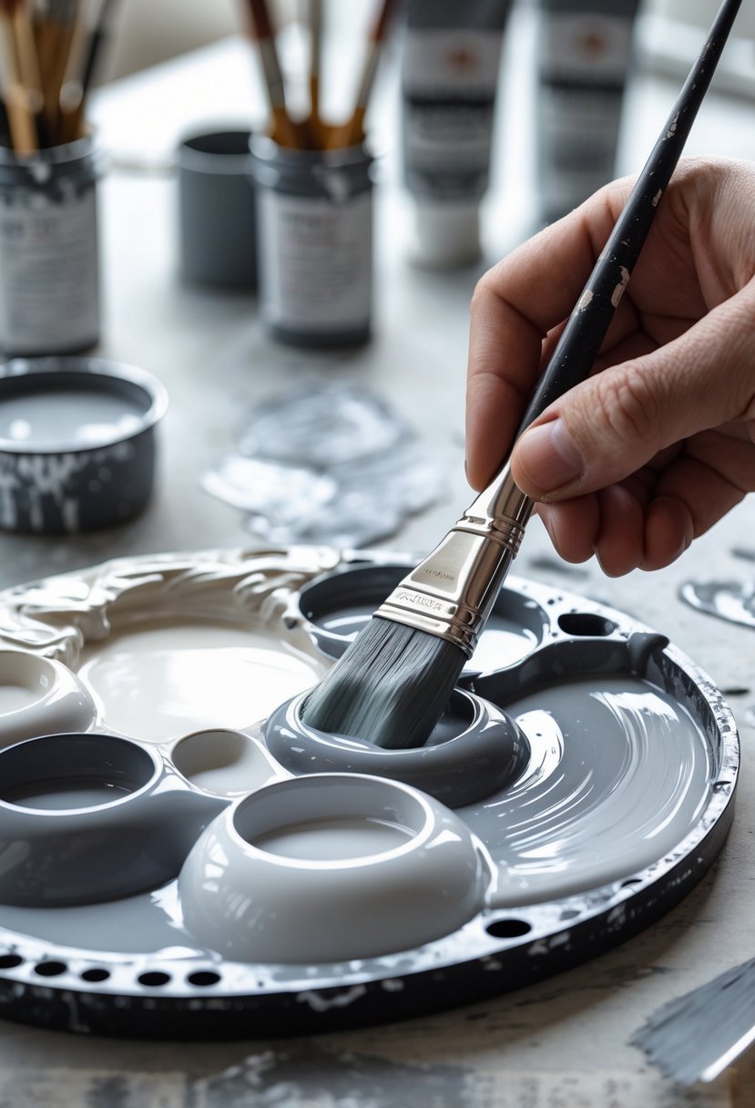 A hand mixing different shades of gray paint on a palette with paintbrushes and paint tubes in the background.
