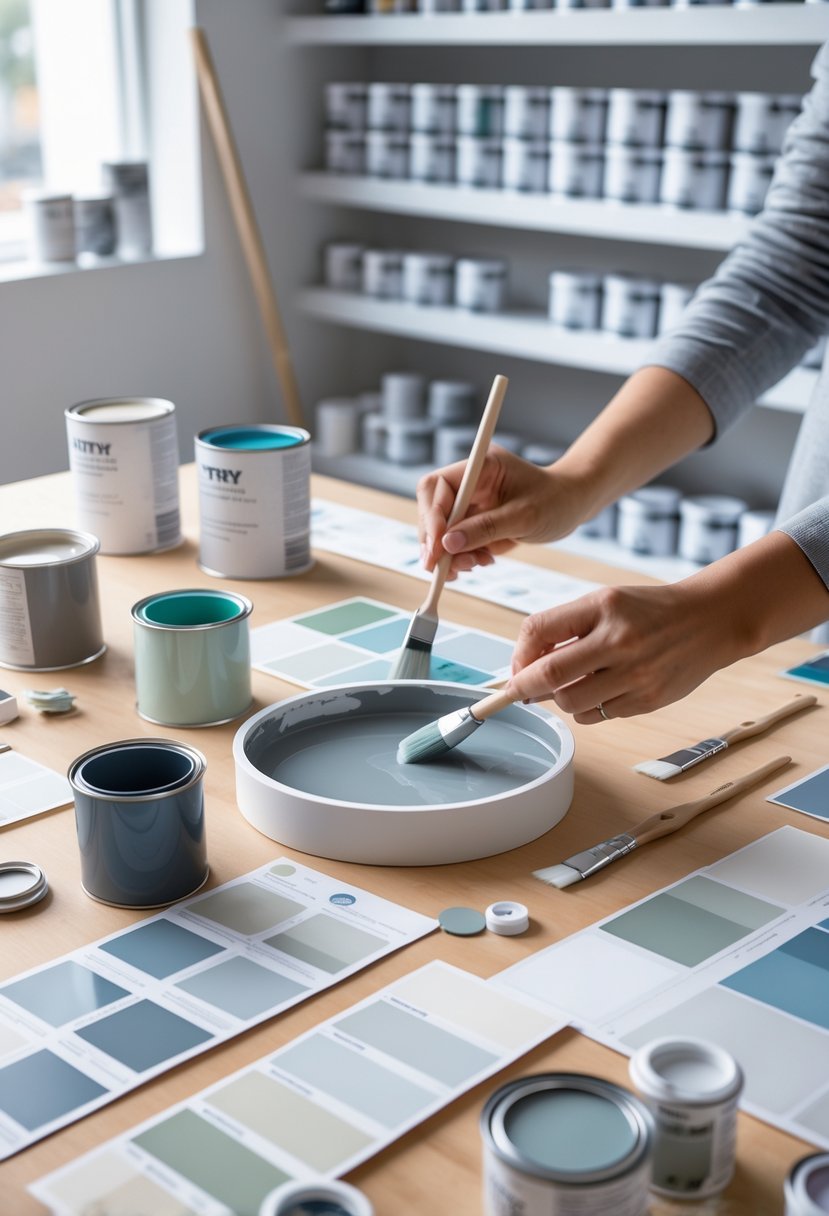 Hands mixing different shades of gray paint with subtle undertones on a table surrounded by paint samples and tools.