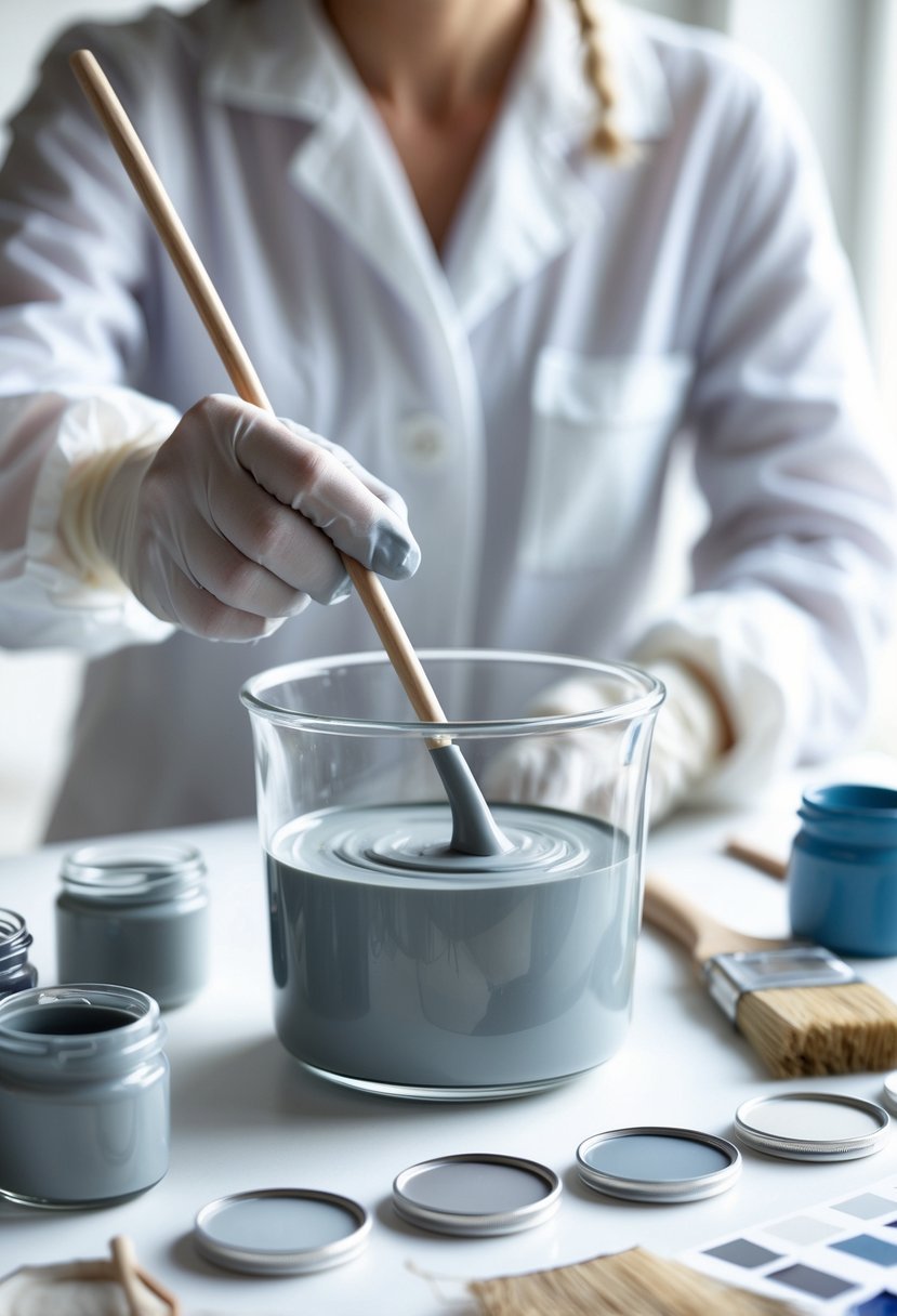 A person mixing gray paint in a glass container with paint jars and brushes on a white table.