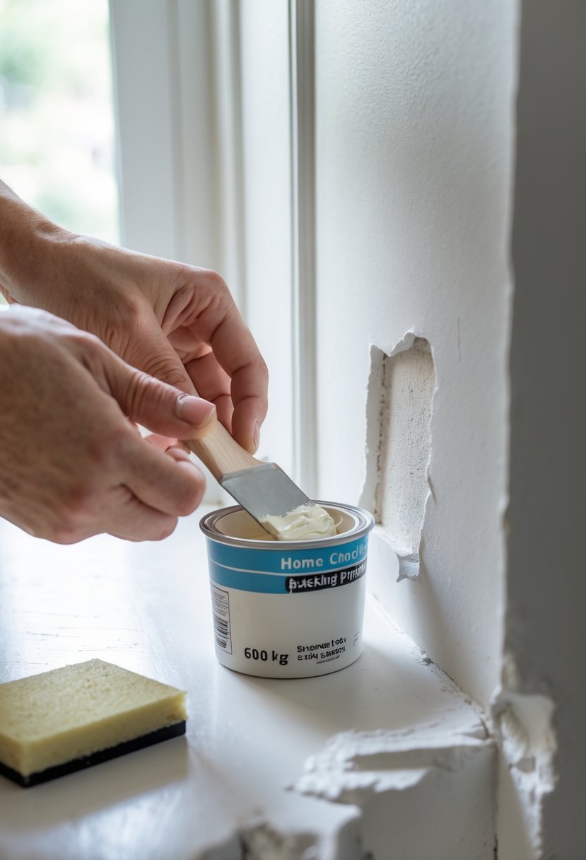 Hands repairing paint chips on a white wall using putty and a small knife.