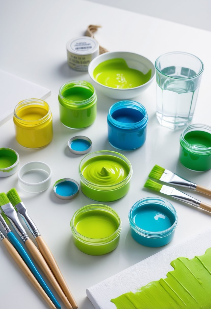 A workspace with jars of yellow and blue paint, a mixing palette with lime green paint, paintbrushes, and a partially painted surface.