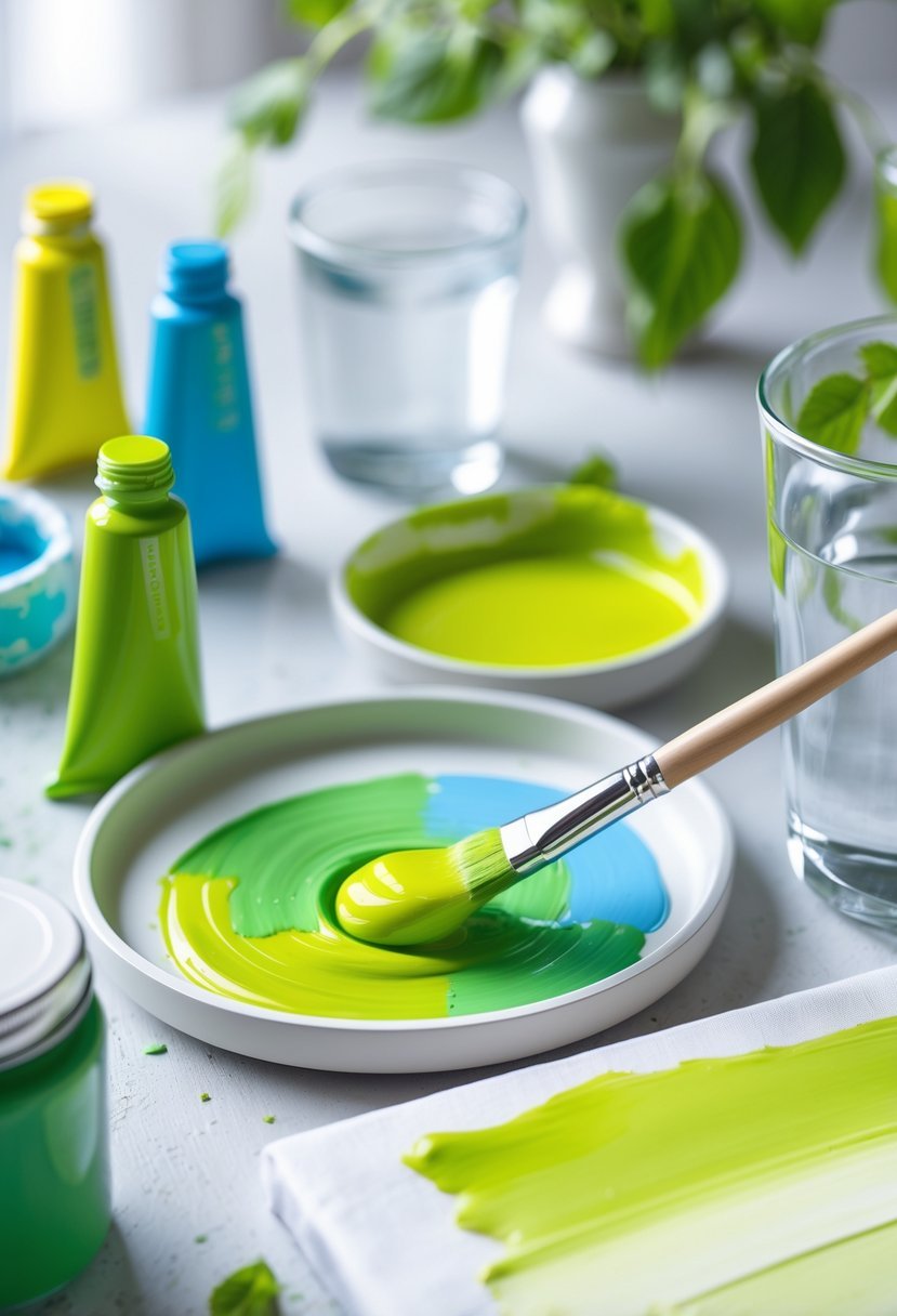 An artist's workspace with yellow and blue paint being mixed into lime green on a palette, with a paintbrush and a canvas nearby.