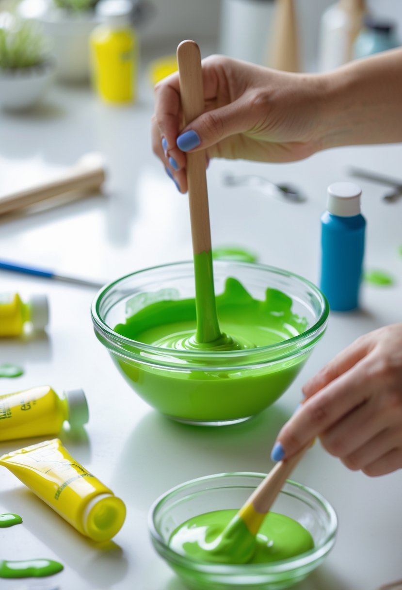Hands mixing lime green paint in a glass bowl with paint tubes and a wooden stick on a white surface.